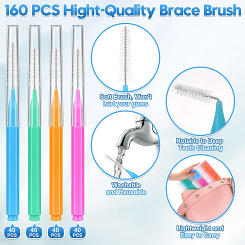 160 Pcs Interdental Brushes for Braces, 4 Size Soft and Bendable Braces Brush for Cleaning, Toothpick Dental Tooth Flossing Head Oral Dental Hygie...