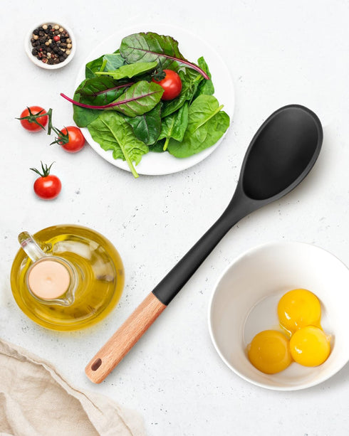 Large Silicone Cooking Spoons, Nonstick Solid Wooden Handle Spoon, Heat Resistan Silicone Kitchen Spoons for Cooking, Serving, Basting, Mixing, 13...