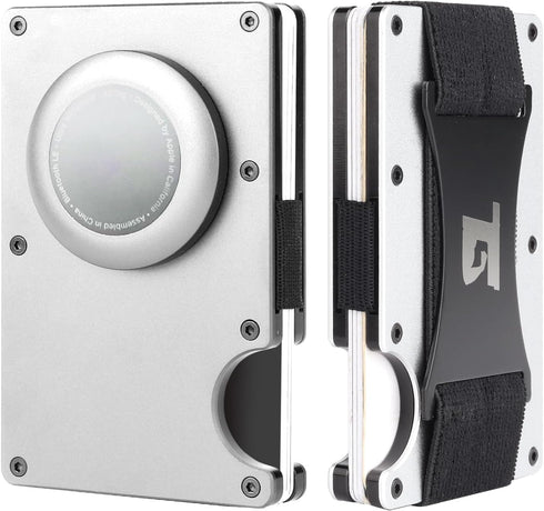 Mens metal wallet wallet with Airtag holder RFID Blocking Minimalist wallet (Silver W/Strap)...