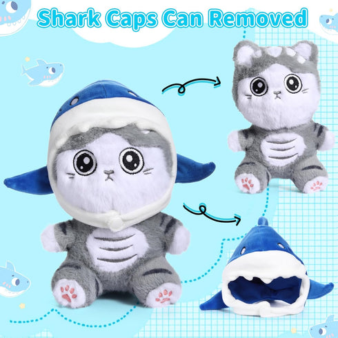 Emoin Shark Cat Plush Toy, 8" Kawaii Cat Stuffed Animal Interactive Toy Kawaii Cat Shark Plushie Removing a Hat can Turn Into Cat Shark Cat Doll P...