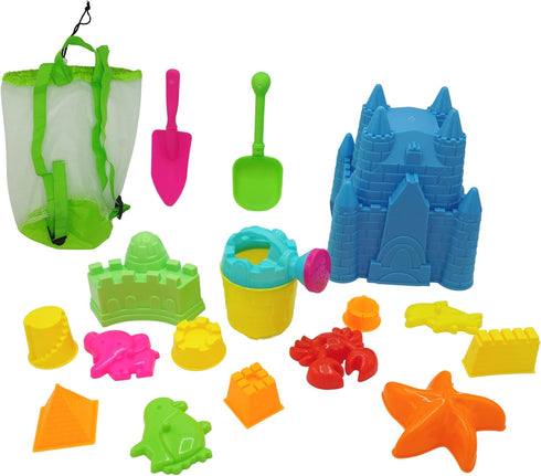 4E's Novelty Beach Toys for Kids with Bag (17 Pcs Set) Castle Beach Bucket with Shovels & Molds - Beach Toys for Kids 3-10, Sand Toys for Toddlers...