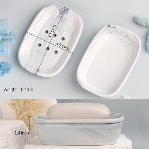 Ceramic Soap Dish, Self-draining Soap Holder, Double Layer Bar Soap Holder Marble Blue, Draining Soap Dishes for Bathroom Shower Kitchen, Easy to ...