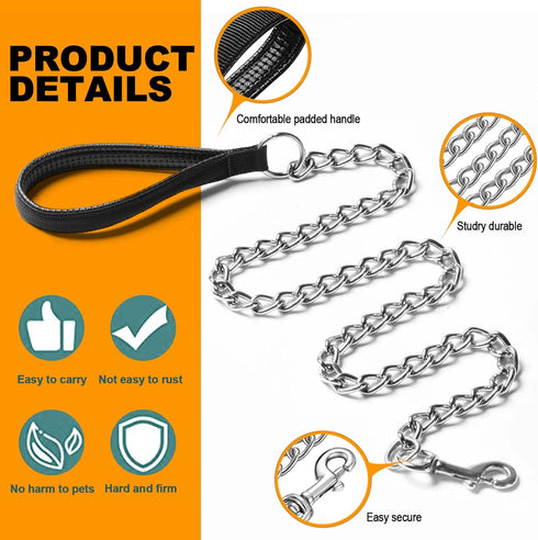 Heavy Duty Metal Dog Leash, 4 FT Chew Proof Pet Leash Chain with Soft Padded Handle for Large & Medium Size Dogs (4 FTx3 mm (0-80 lbs))...