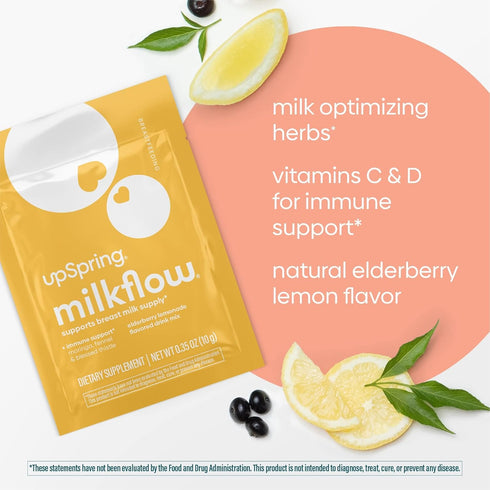 UpSpring Milkflow Immune Support Breastfeeding Supplement Drink Mix Fenugreek-Free, Moringa Elderberry Lemonade Flavor, Lactation Supplement to Su...