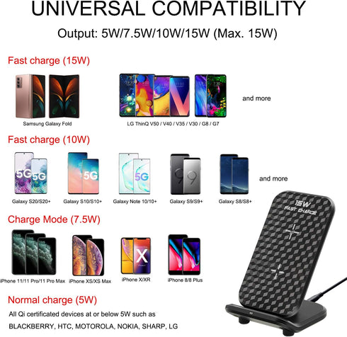 Wireless Charging Station Inductive Phone Charger Dock 15W Fast Qi-Certified Wireless Charging Stand Compatible with iPhone 15 14 13 12 11 Pro XS ...