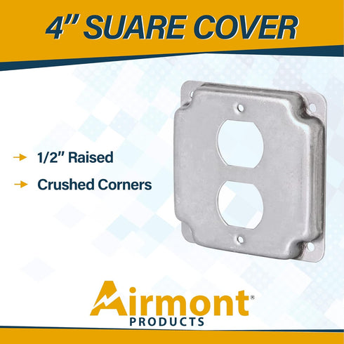AP-12096, 4" Square Duplex Receptacle Electrical Box Cover, 1/2" Raised, Exposed Work, Galvanized Steel, Crushed Corners...
