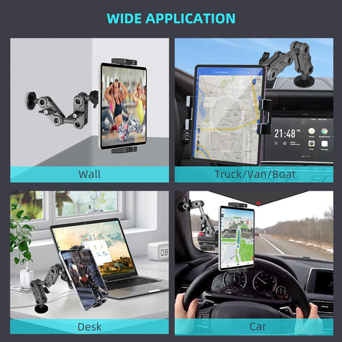 Aluminum Heavy Duty Drill Base Tablet Holder Car Mount Dashboard, 14.2“ Long 360°3-Stage Metal Stand Bracket for 4.7-12.9" iPad Pro/Air/Mini/Samsu...