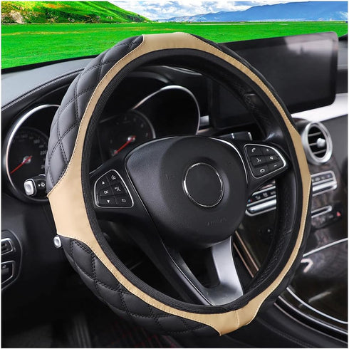 Car Steering Wheel Cover, 15 Inch Steering Wheel Protector Car Decorations for Women Men, Leather Elastic Anti-Slip Auto Kit Replacement, Car Inte...