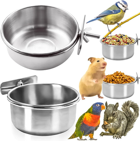 MotBach 2 Pack Stainless Steel Bird Feeding Dish Cups, Bird Feeder Parrot Food Water Bowls with Clamp, Pet Cage Cups Holder for Bird Parrot Cockat...