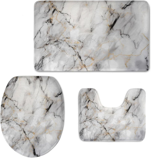 UNICEU Grey White Marble 3 Piece Bathroom Rug Set Includes Bath Rug, Contour Mat and Toilet Lid Cover, Machine Washable, Super Soft Microfiber & N...