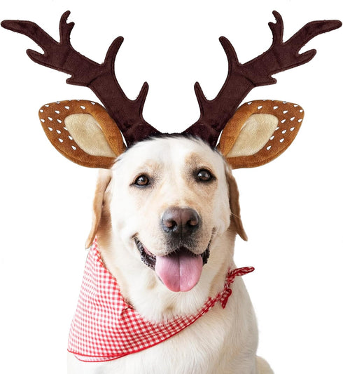 KUDES Dog Cat Christmas Reindeer Antlers Headband Classic Adjustable Elk Hat Headwear Pet Deer Cospaly Costumes Accessories (L(for Medium Big Dogs...