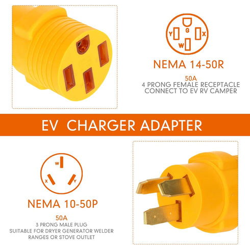 50Amp EV RV Charger Adapter Compatible with NEMA 10-50P to 14-50R, 3 Prong Male Plug to 4 Prong Female Receptacle Adapter, Generator Welder Dryer ...