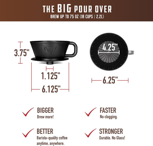 Big Joe® Large Pour Over Coffee Maker w/ 50 Filters, Brews from 12 up to 75 Ounces, Fits Any Drinkware, Dishwasher Safe, Made in USA...