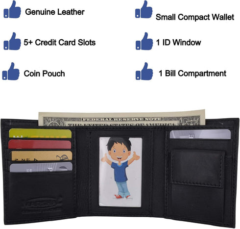 Marshal Genuine Leather Kids Slim Compact ID and Coin Pocket Trifold Boys Wallet Black...