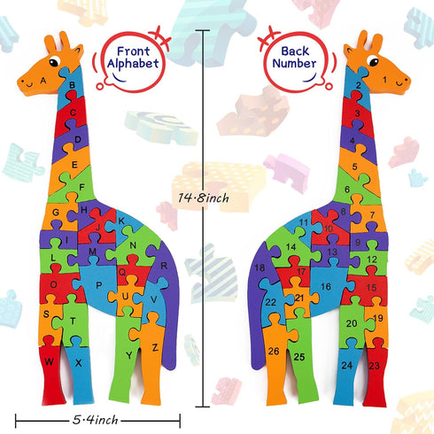 LovesTown Giraffe Wooden Puzzle, 26PCS Jigsaw Puzzle Alphabet and Number Blocks Wooden Building Blocks for Kid Preschool...