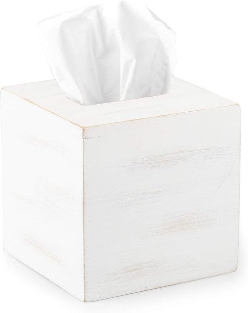 Ilyapa Wood Tissue Box Cover Square - Rustic Farmhouse White Wooden Tissue Holder...