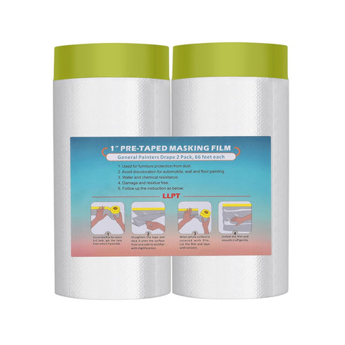 LLPT Tape and Drape 59.1”(Unfolded) x 66 Ft Each 2 Pack Pre-Taped Masking Film 2.4 Mil Painters Plastic Drop Cloth for Auto Wall Furniture Paintin...