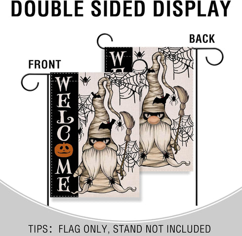 Welcome Halloween Mummy Gnome Small Decorative Garden Flag, Scary Spider Web Bat Yard Lawn Outside Decor, Jack O Lantern Pumpkin Burlap Outdoor Ho...