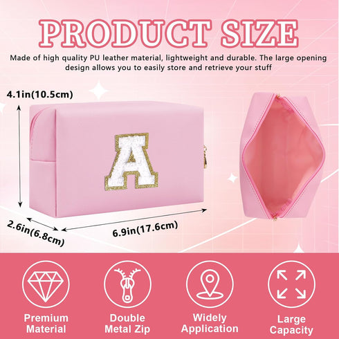Personalized Initial Letter Patch Makeup Bag, Preppy Portable Chenille Letter Cosmetic Bag with Zipper, PU Leather Waterproof Travel Toiletry Bag ...