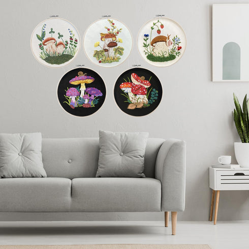 BERYA 5 Set Embroidery Kit for Adult Beginners, Stamped Cross Stitch Kit with Mushroom Pattern, Hoops, Color Threads, Tools and Easy to Follow Ins...