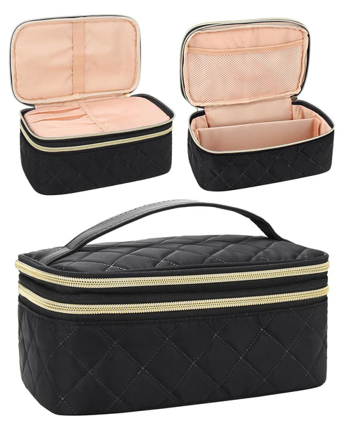 Relavel Travel Makeup Bag, Compact Cosmetic Bag for Women, Waterproof Makeup Brush Holder Organizer with Adjustable Dividers (Black)...