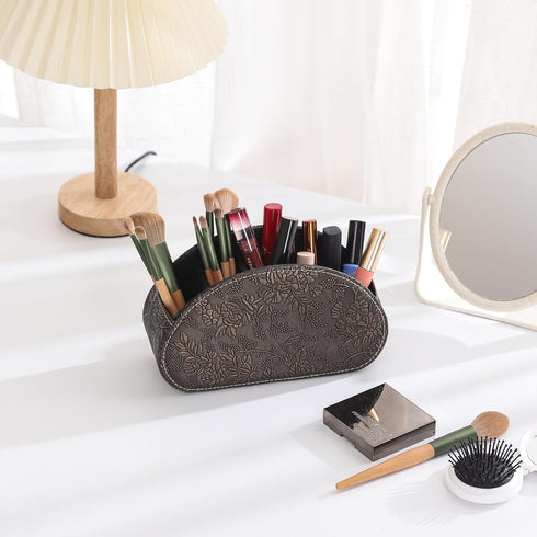 TV Remote Holder, PU Leather TV Remote Holder For Table with 5 Compartments, Office Desk Organizer for Pen, Pencil, Stationary, Brown PH89...