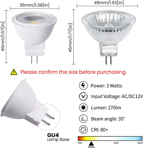 Bonlux MR11 LED Bulb 3W 12V AC/DC Low Voltage LED Spotlights,GU4 Bi-Pin Base 25W Halogen Equivalent 270lm for Landscape Accent Recessed Track Ligh...