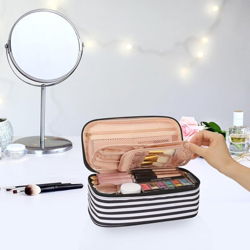 OCHEAL Small Cosmetic Bag,Portable Cute Travel Makeup Bag for Women and girls Makeup Brush Organizer cosmetics Pouch Bags-Black/White Stripes...