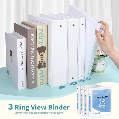 SUNEE 3 Ring Binder 1/2 Inch 4 Pack, Clear View Binder Three Ring PVC-Free (Fit 8.5x11 Inches) for School Binder or Office Binder Supplies, White ...