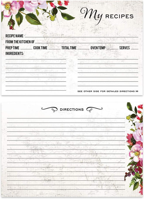 Vintage Floral Favorite Recipe Cards / 50 Pack Double Sided Cooking Ingredients Note Cards / 4" x 6" Flat Baking Directions Cards/Made In The USA...