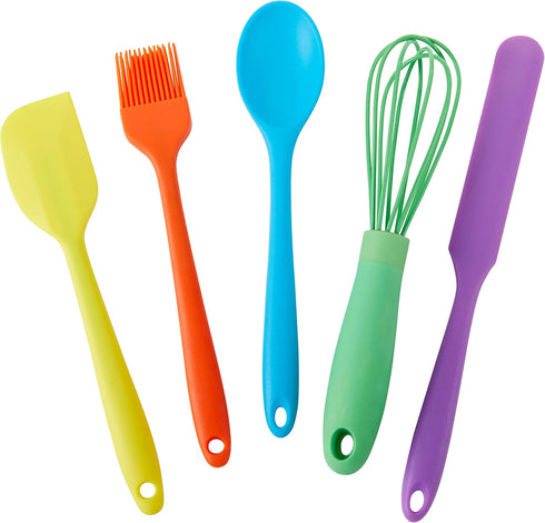 C.R. Gibson Kids in The Kitchen Oil Brush, Spoon, Whisk, Long, Standard Spatula Silicone Utensil Set, Multicolor...