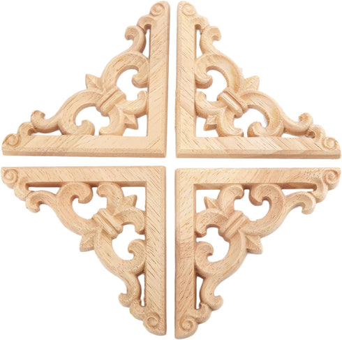 MUXSAM 4Pcs Wood Carved Appliques Onlays, Unpainted Wooden Corner Carvings Decals Frame Molding Set for Wall Door Mirror Cabinet Dresser Cupboard ...