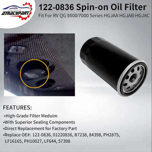 122-0836 Oil Filter ?Replacement For RV QG 5500/7000 Series HGJAA HGJAB HGJAC Spin-on ?Replaces# 01220836, B7238, PH2875, PH10027...