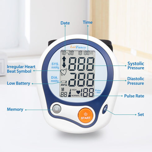 LotFancy Wrist Blood Pressure Monitor, Wrist BP Cuff (5”-8”), 60 Reading Memory, Automatic Digital Blood Pressure Machine, Home BP Gauge for Irreg...