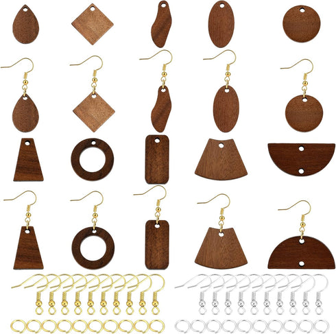 SUPERFINDINGS Wood DIY Earring Making Kit including 40pcs Saddle Brown Walnut Wood Drop Pendants Oblate Teardrop Links Connectors 100pcs Brass Jum...