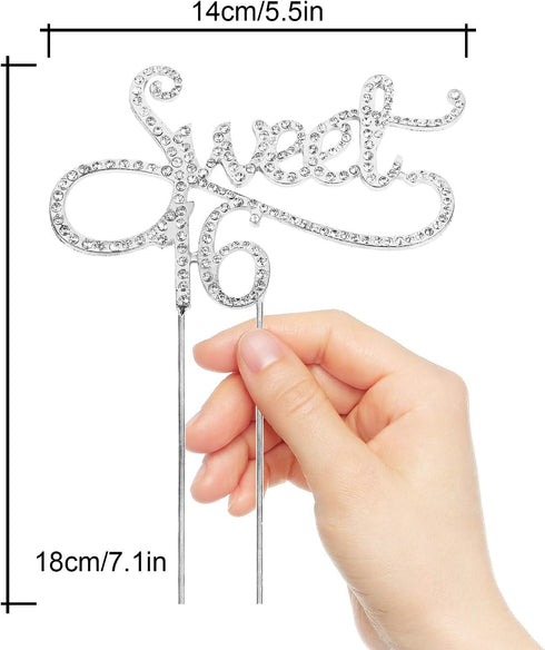 Sweet 16 Cake Topper for 16 Years Birthday Or 16th Wedding Anniversary Crystal Rhinestone Party Decoration Silver...