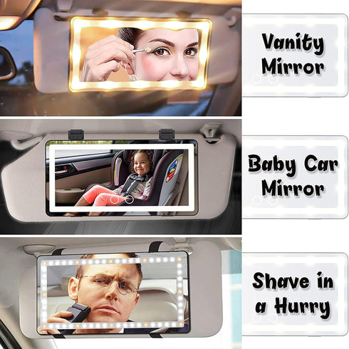 Car Mirror Vanity, Rechargeable Car Visor Mirror with LED Lights, Car Vanity Mirror with 3 Lights Modes, Sun Visor Mirror with Light, White...