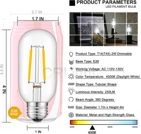 CRLight LED Tubular Bulb 4000K Daylight White, 30W Equivalent 300 Lumens, 2W Dimmable LED Filament Light Bulbs, E26 Base Antique Edison T45 Clear ...