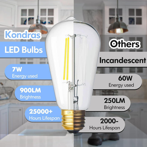 6-Pack Dimmable LED Light Bulbs, 7W 60Watt Equivalent Edison Bulbs, 900LM Ultra Bright LED Bulbs, 5000K Daylight White, ST58 Vintage Antique Bulbs...
