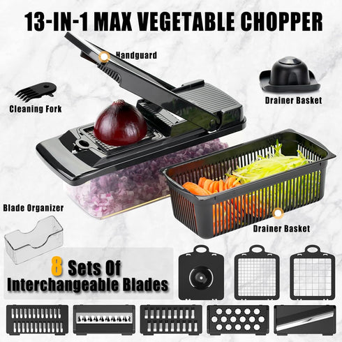 Vegetable Chopper/Cutter/Dicer-Veggie Chopper/Slicer-Onion Chopper-Salad Chopper-Food Chopper With Container (13 in1 Black)...