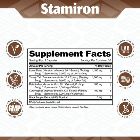 Stamiron Lions Mane Supplement Turkey Tail Mushroom Capsules with Cordyceps Extract & Reishi Mushrooms - Alt to Mushroom Gummies, Mushroom Powder,...
