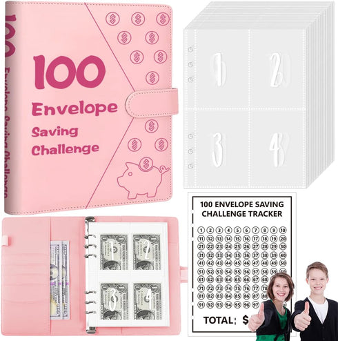 100 Envelopes Money Saving Challenge Binder, A5 Budget Binder with Cash Envelopes, Savings Challenges Budget Book to Save $5,050, Budget Planner f...
