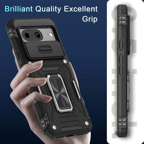 DEERLAMN for Google Pixel 8 Case with Slide Camera Cover+Screen Protector (1 Pack), Rotated Ring Kickstand Military Grade Shockproof Heavy Duty Pr...