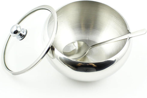 Zoie + Chloe Stainless Steel Sugar Bowl with Glass Lid - Bonus Spoon - 2 Cup Capacity (500ml)...