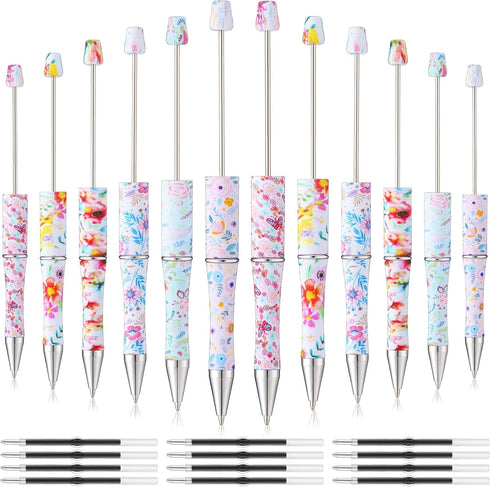 12 Pcs Plastic Beadable Pens Floral Bead Pens Spring Flowers Assorted Bead Pen Ballpoint Pen Shaft Black Ink Beaded Pens with 12 Pcs Refills for D...