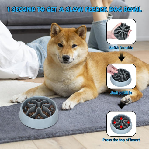 Slow Feeder Dog Bowls Insert, Silicone Dog Slow Feeder Bowl with Strong Suction Cups Perfect For Stainless Steel Glass Ceramic Dog Bowls (Grey, Me...