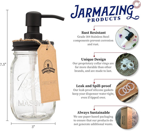 Jarmazing Products Mason Jar Soap Dispenser - Black - 16 oz Ball Mason Jar Liquid Dispenser for Kitchen & Bathroom - Glass - Kitchen Soap Dispense...