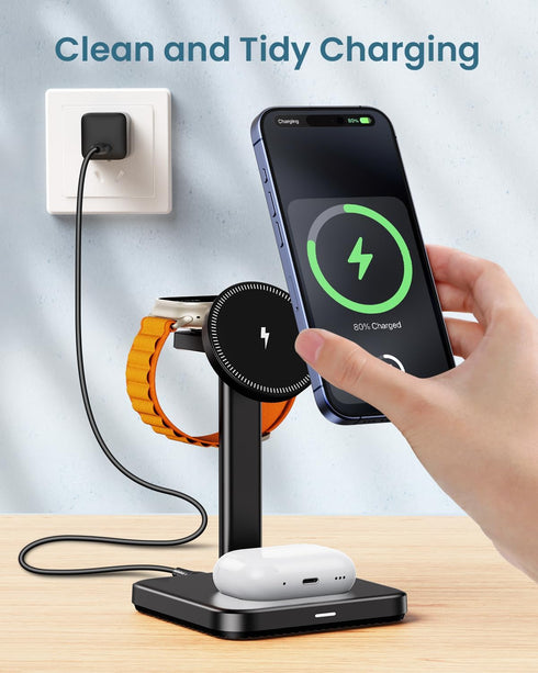 3 in 1 Wireless Charging Station for Apple Devices, Mag - Safe Charger, 15W Magnetic Charger Stand iPhone 15 14 13 12 Pro Max/Pro/Plus/Mini, 5W Ch...
