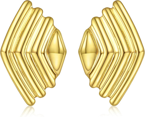 18k Gold Statement Earrings for Women Trendy, Chunky Gold Big Striped Vintage Earrings...