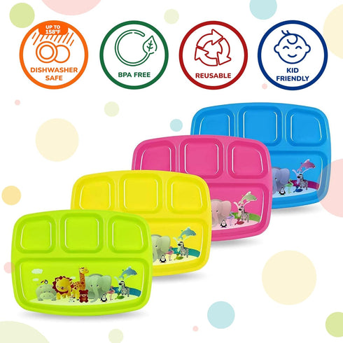 Toddler Plates With Dividers - Set of 4 Kids Dinner Plates with 4 - Compartment Brightly Colored Children Divided Tray Dishwasher Safe BPA Free Pl...